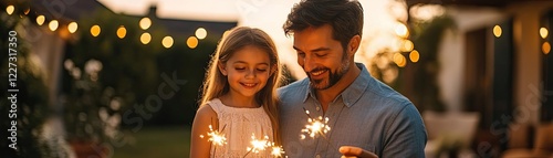 A family holding sparklers at a backyard Fourth of July celebration