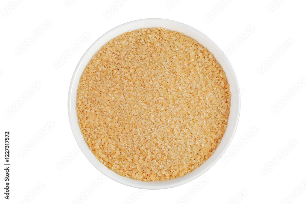 The brown sugar in ceramic bowl isolated on white background. Top view. Flat lay The brown sugar in ceramic bowl isolated on white background. Top view. Flat lay