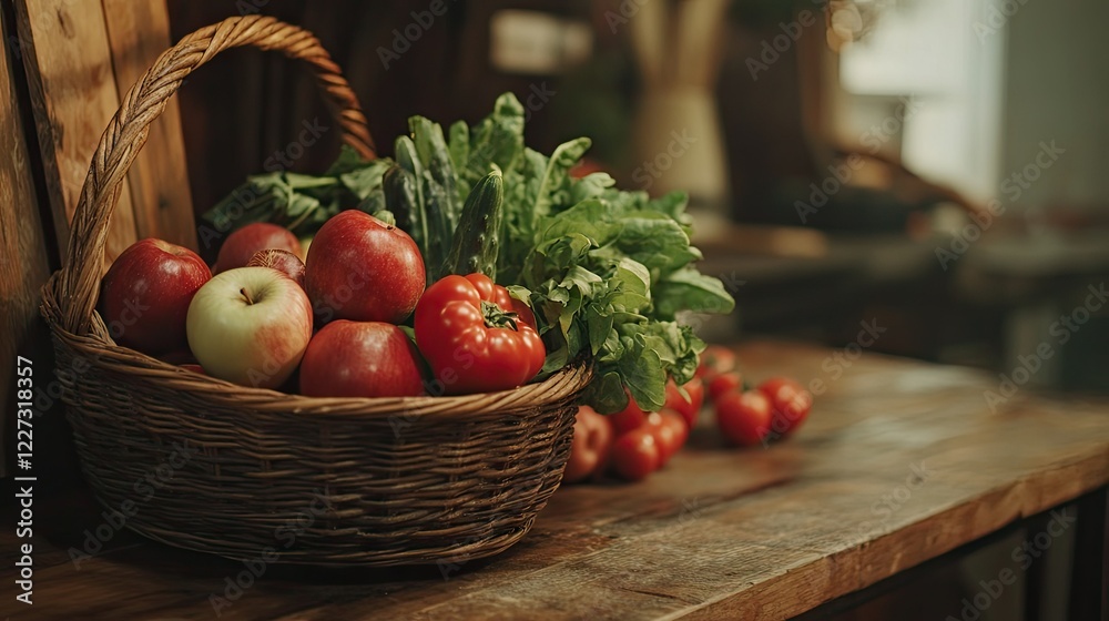 A close-up of a rustic wooden basket overflowing with fresh vegetables and fruits, including apples, tomatoes, and leafy greens, on a wooden countertop. A close-up of a rustic wooden basket overflowing with fresh vegetables and fruits, including apples, tomatoes, and leafy greens, on a wooden countertop.