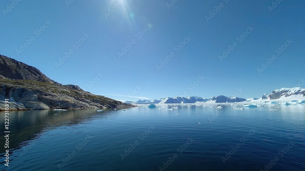 Serene body of water with lush greenery and clear blue sky reflecting on the surface Serene body of water with lush greenery and clear blue sky reflecting on the surface