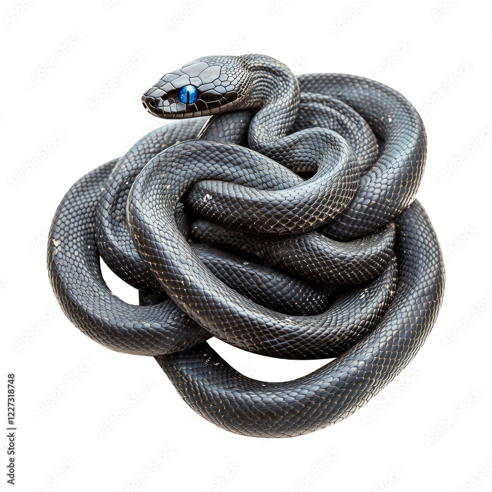 Fototapeta premium Coiled black snakes tightly intertwined, displaying glossy scales isolated on white transparent background, reptiles or wildlife, symbolizing Chinese Lunar New year