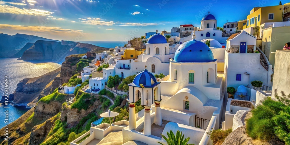Fototapeta premium Lush greenery and white-washed buildings with blue domes and steep staircases, winding through narrow streets of Santorini's picturesque village , scenic views, blue domes
