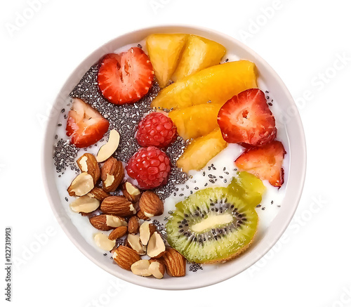 Delightful fruit & nut yogurt bowl! A vibrant mix of strawberries, pineapple, kiwi, raspberries & almonds. Healthy & delicious!, cut out,transparent background photo