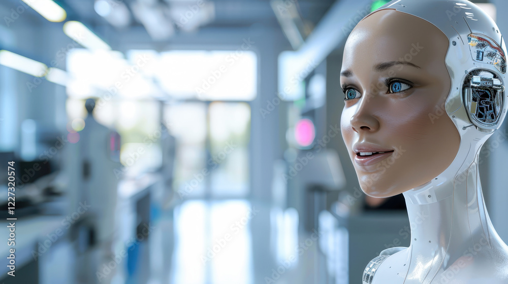 Naklejka premium Futuristic female android with realistic facial features in a modern laboratory setting