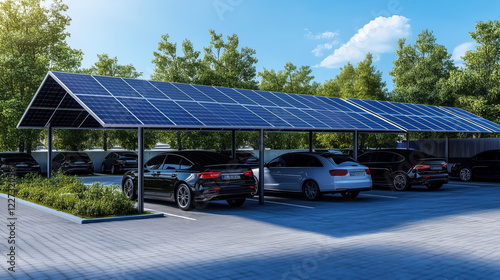 Solar panel canopy over a parking lot, installed as shade roof over parking lot with parked cars for effective generation of clean electricity. 