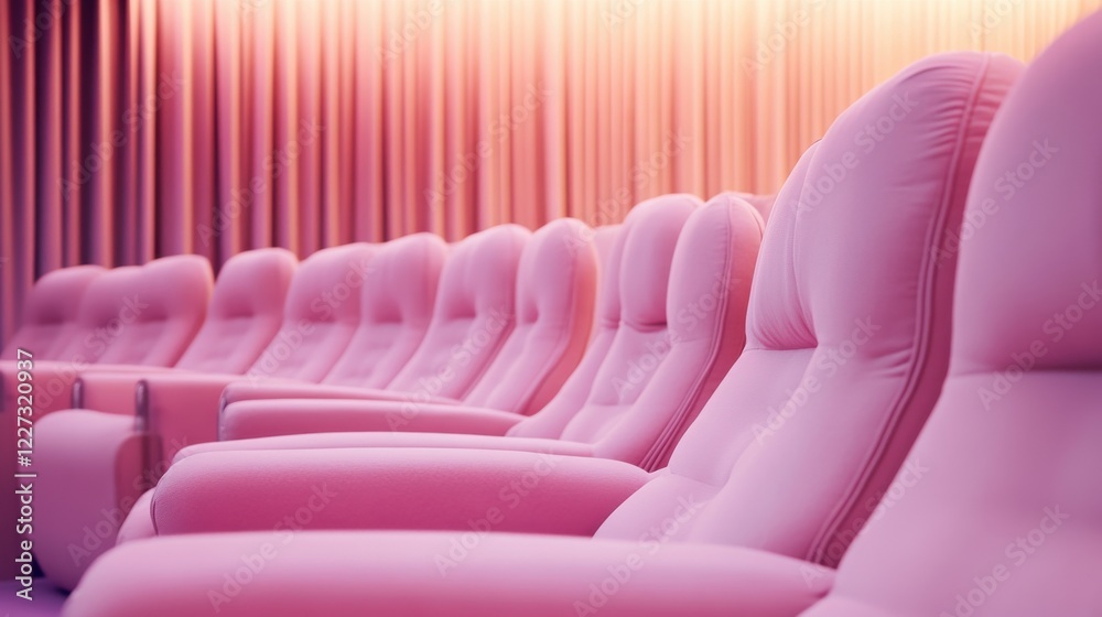 Fototapeta premium Row of pink theater seats in an empty auditorium with soft lighting and curtains