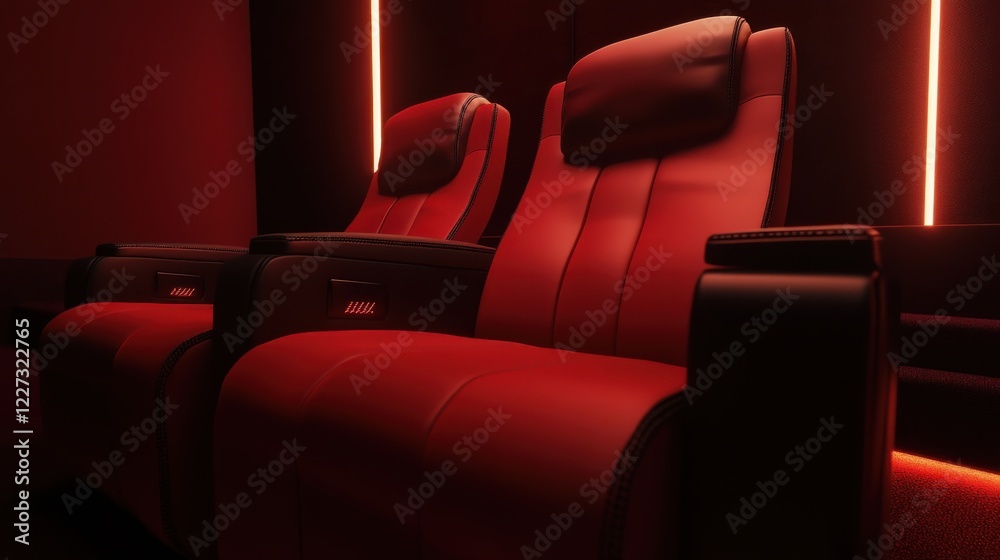 Fototapeta premium Luxurious red leather cinema seats with soft lighting in a modern theater setting