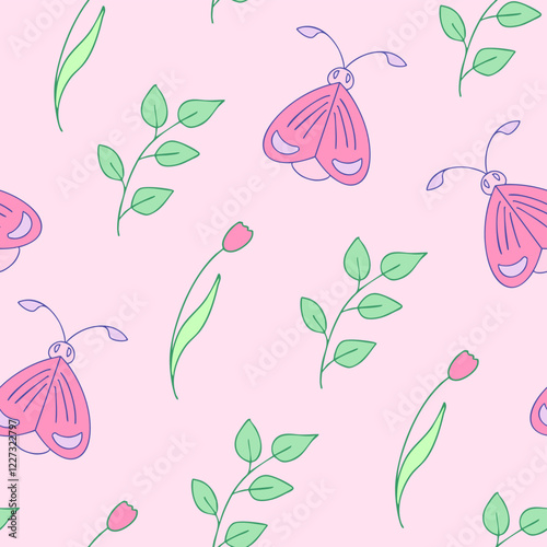 Beautiful spring seamless pattern with delicate hand-drawn bugs, tulip flowers, and branches with leaves in pastel pink and green shades