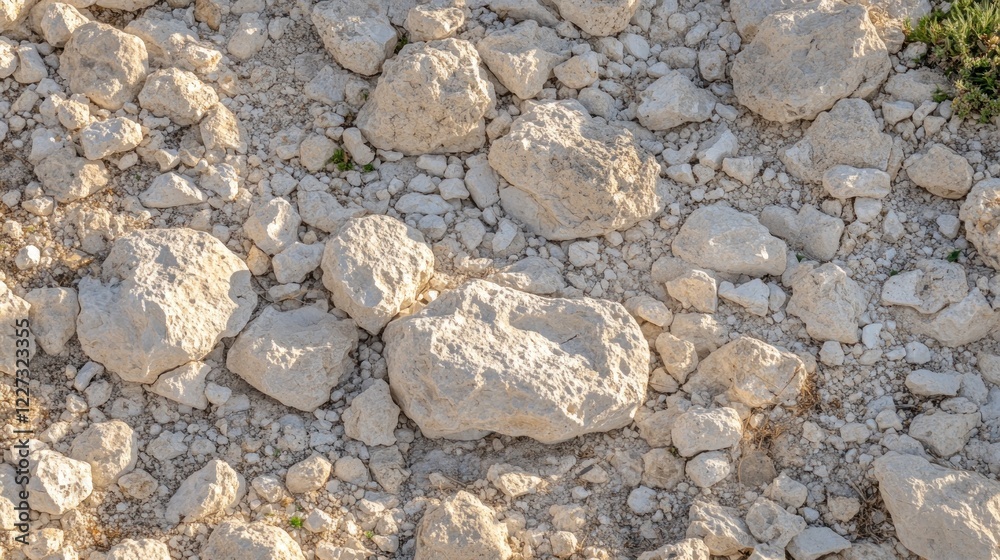Close-up of sunlit, light-colored rocks and pebbles on dry, dusty ground. Close-up of sunlit, light-colored rocks and pebbles on dry, dusty ground.