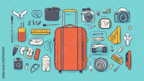 A vibrant illustration of a travel suitcase surrounded by various travel essentials and tools photo