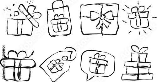 set of gift boxes in Doodle style. hand drawn heart shaped box and gift bag. Hand drawn presenting collection. Graphic design element for advertising, flyer, poster, web shop sale