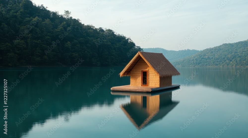 Obraz premium A serene wooden cabin on a calm lake, surrounded by lush mountains, reflecting beautifully in the water.