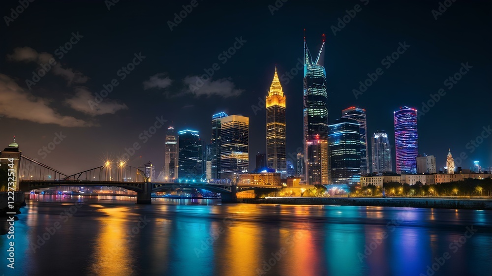Fototapeta premium Night City Skyline with Colorful Lights Reflected on River