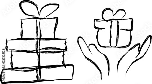 set of gift boxes in Doodle style. hand drawn heart shaped box and gift bag. Hand drawn presenting collection. Graphic design element for advertising, flyer, poster, web shop sale