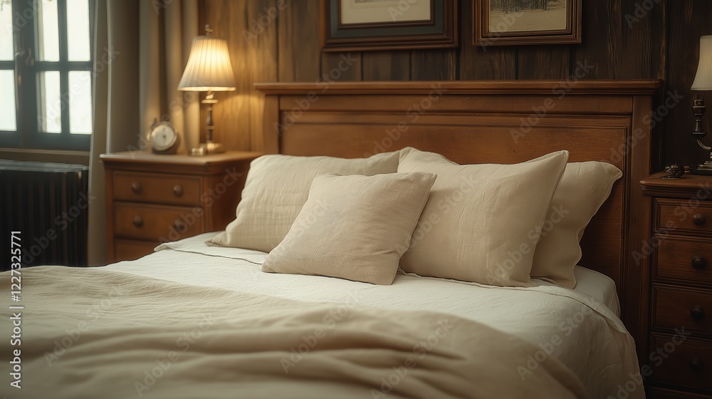 Obraz premium Rustic bedside cabinet near bed with beige pillows. Farmhouse interior design of modern bedroom.