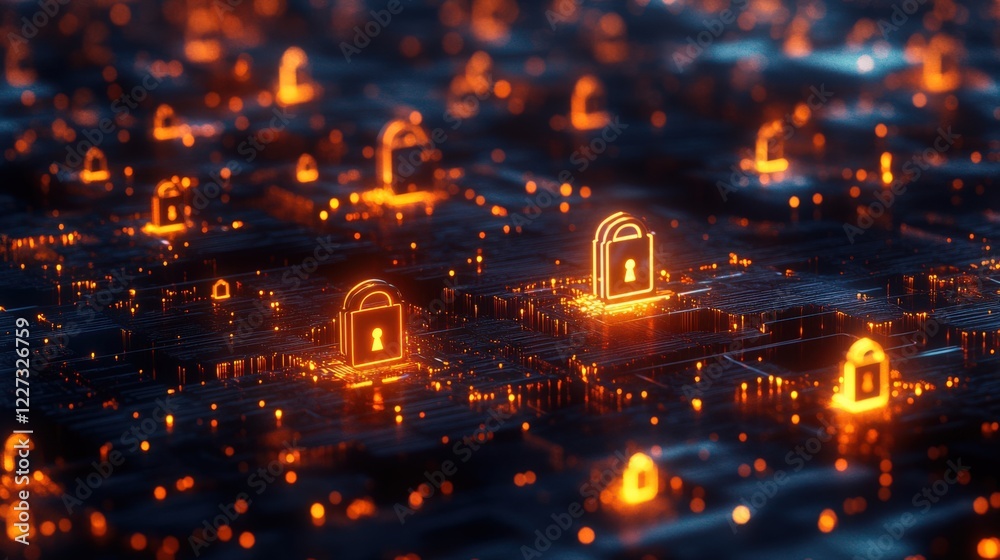 Fototapeta premium A computer screen with many glowing locks