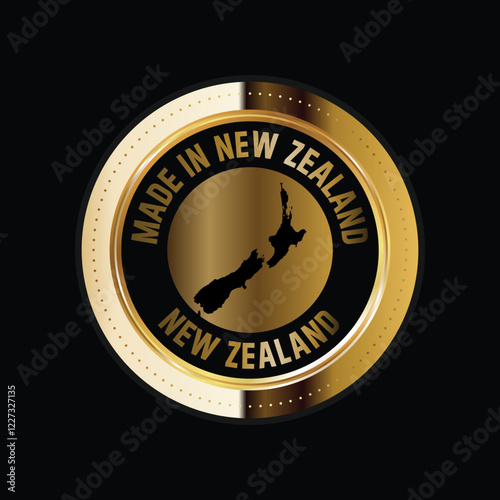 Map of New Zealand. Vector illustration. Logo, Icon, and Symbol. New Zealand map gold seal. 