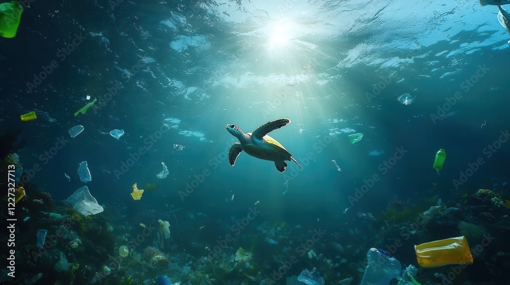 Fototapeta premium Turtle swimming amongst floating plastic waste in ocean pollution scene