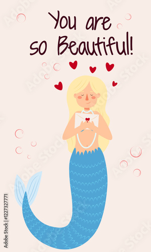 Vector illustration of mermaids of different races. Self-love concept, February 14
