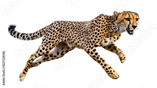 Cheetah running in full stride, showcasing speed and agility against a white isolate background.