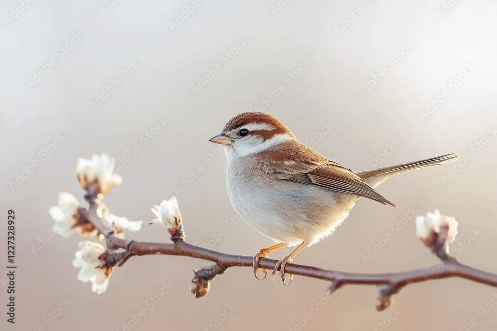 A small bird perched on a delicate branch with blooming flowers, set against a soft, blurred background A small bird perched on a delicate branch with blooming flowers, set against a soft, blurred background