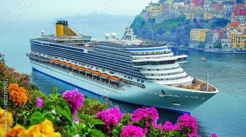Majestic Cruise Ship Docked Near Colorful Coastal Town