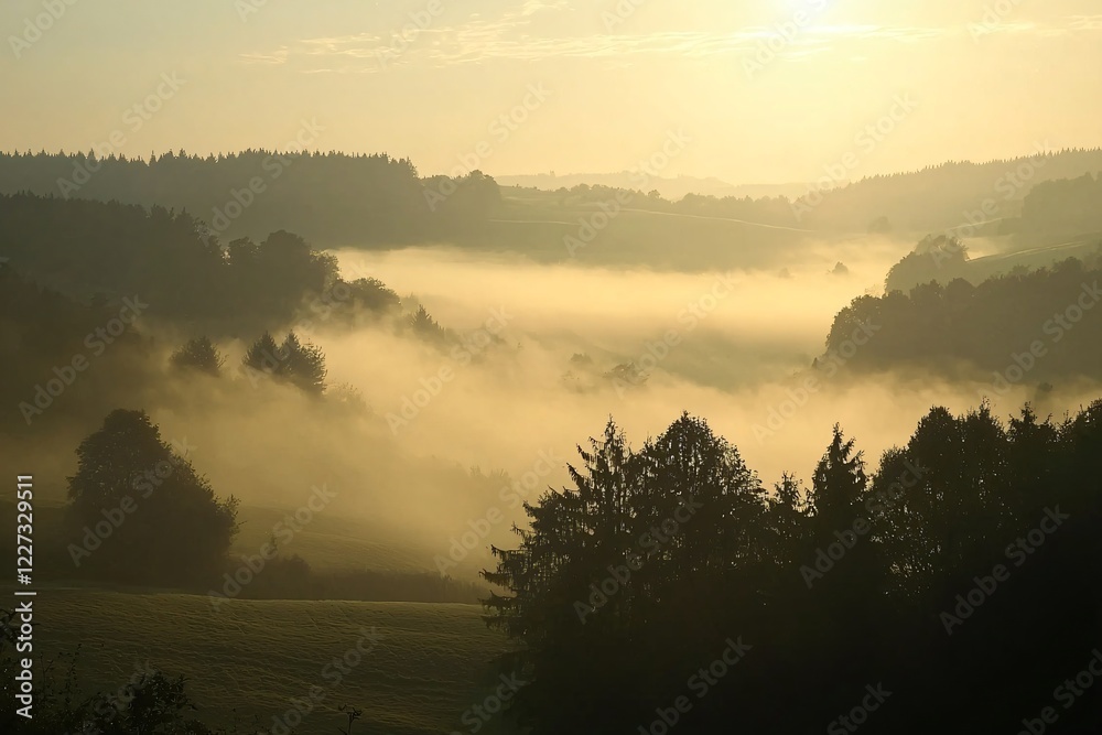 Serene dawn over misty hills, with soft sunlight illuminating the landscape and trees Serene dawn over misty hills, with soft sunlight illuminating the landscape and trees