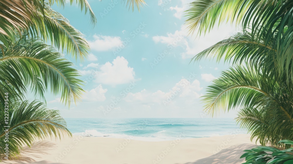Fototapeta premium A beautiful beach scene with palm trees and a clear blue sky