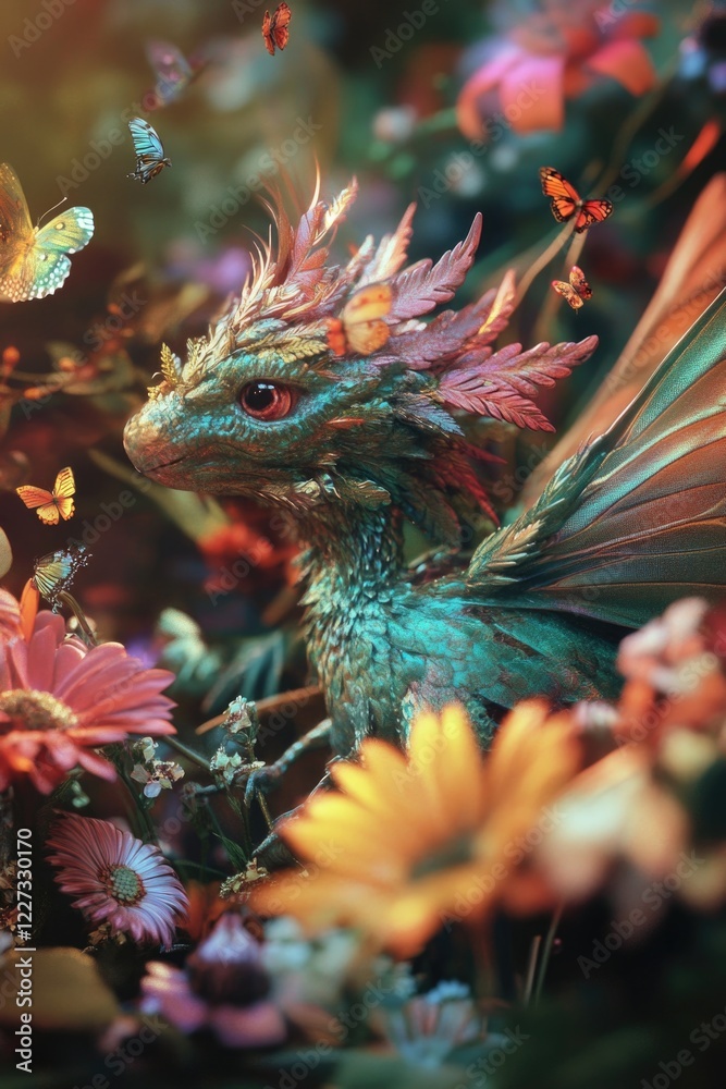 Obraz premium Dragon amidst flowers and butterflies