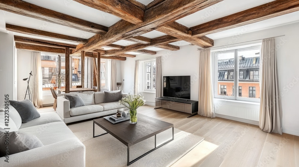 A bright and cozy Scandinavian loft with wooden beams, neutral decor, and sunshine filling the open-concept space A bright and cozy Scandinavian loft with wooden beams, neutral decor, and sunshine filling the open-concept space