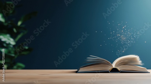 A book with an open page and a colorful bookmark flying out of it against a white background