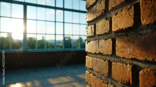 Brick wall with a view of a city skyline and buildings during the day with blue sky and clouds photo