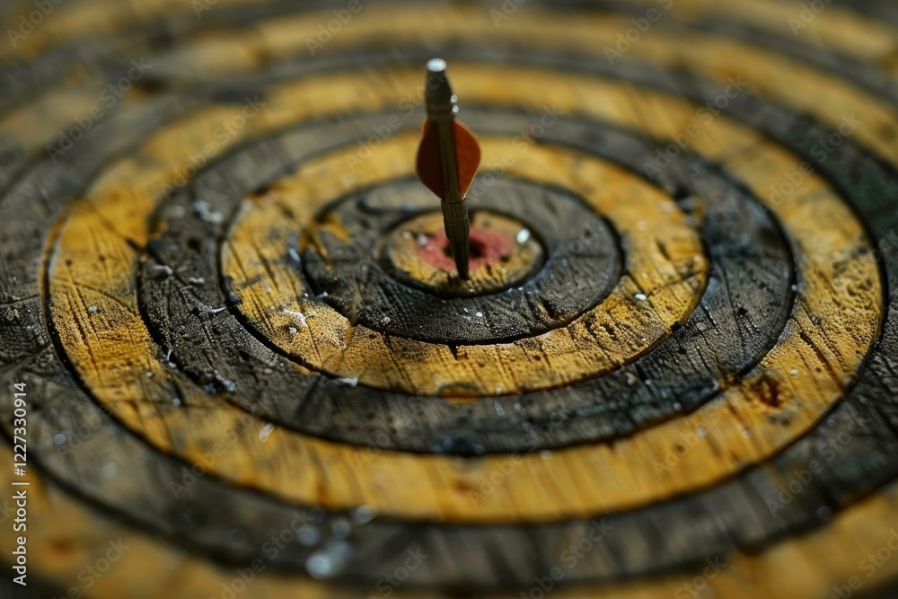 Arrow is hitting the center of an old target on wood background, achieving a goal Arrow is hitting the center of an old target on wood background, achieving a goal