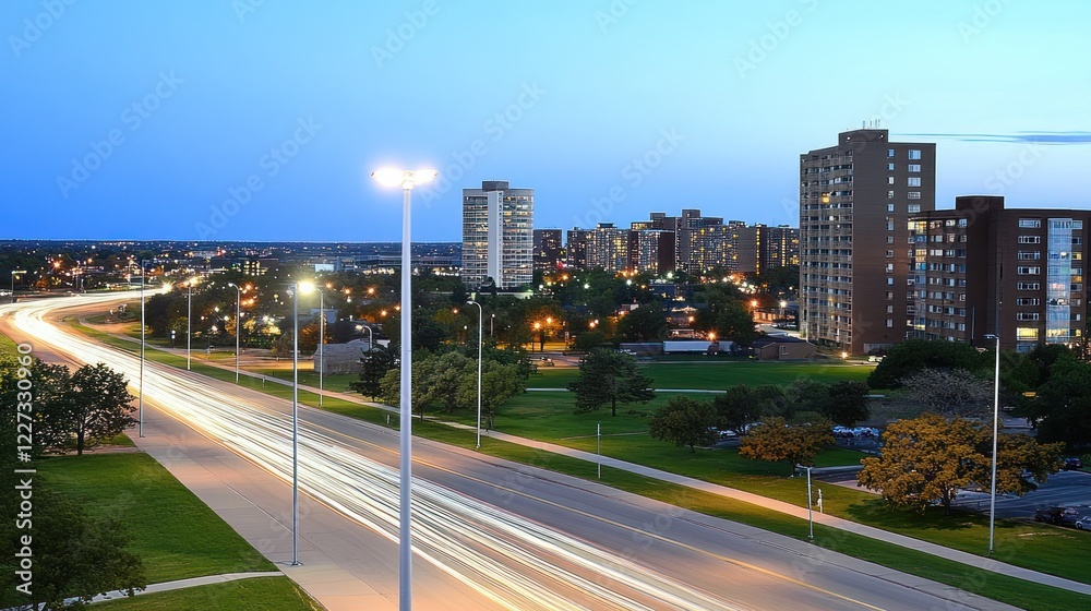 City highway at twilight with light trails and residential buildings in the background. City highway at twilight with light trails and residential buildings in the background.