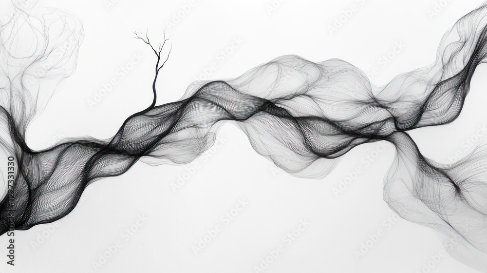 Abstract grayscale flowing lines resembling smoke or fabric, forming a tree-like structure. Abstract grayscale flowing lines resembling smoke or fabric, forming a tree-like structure.