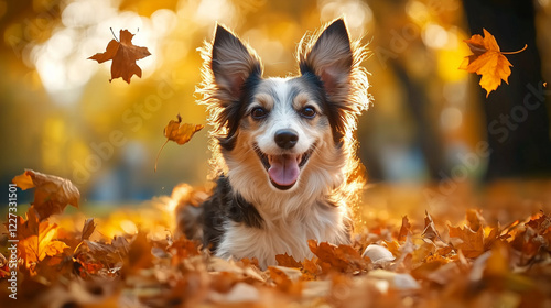 dog a walk in the autumn park among the yellow-red leaves