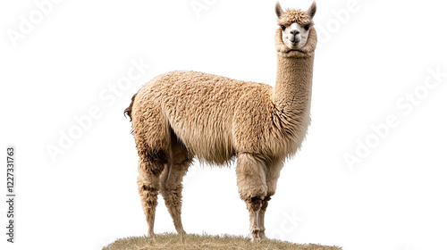 A standing alpaca with a soft, fluffy coat, isolated on a white background, showcasing its unique features.