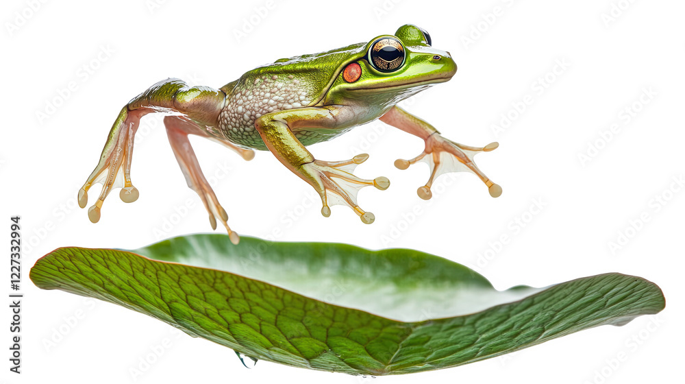 A vibrant green frog leaping above a large leaf with vivid details, perfect for nature-themed projects. A vibrant green frog leaping above a large leaf with vivid details, perfect for nature-themed projects.