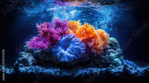 Vibrant coral reef underwater scene, ocean background, aquarium use photo