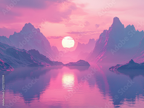 Sunset illuminating futuristic black mountains with vibrant neon reflections