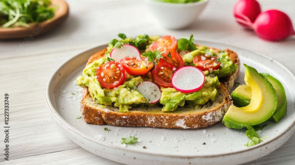 A fresh and colorful avocado toast with cherry tomatoes, radishes, and a sprinkle of sea salt A fresh and colorful avocado toast with cherry tomatoes, radishes, and a sprinkle of sea salt