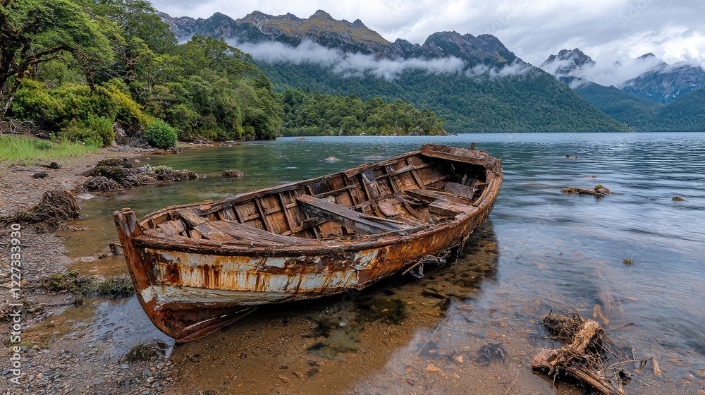Old wooden boat decaying on lake shore, mountains background, nature scene, travel photography Old wooden boat decaying on lake shore, mountains background, nature scene, travel photography