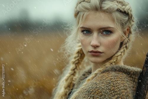 Blond Woman in Braids, Winter Scene photo
