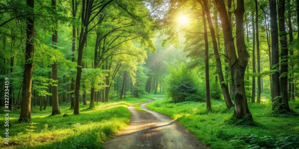 Fototapeta premium A serene green forest landscape in summer with a winding dirt path leading into the frame, trees, scenery, trees, scenery, nature