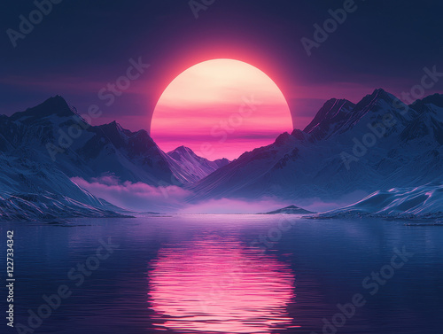 Vibrant sunset over dark futuristic mountains with glowing reflections in calm water