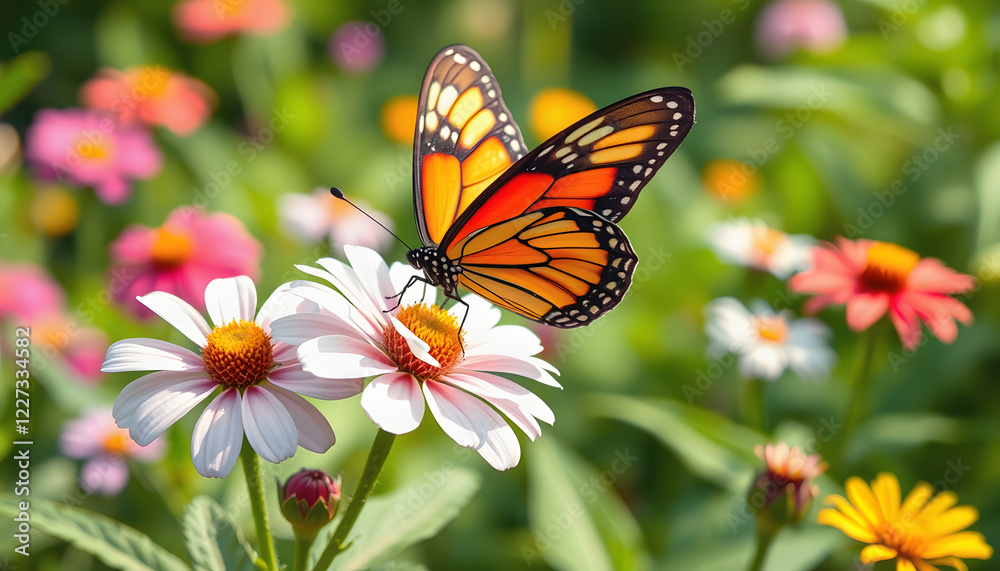Fototapeta premium Beautiful butterfly sitting on flower in a summer garden , with white tonespng