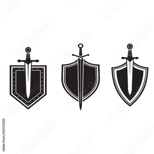 Three black and white sword and shield emblems.