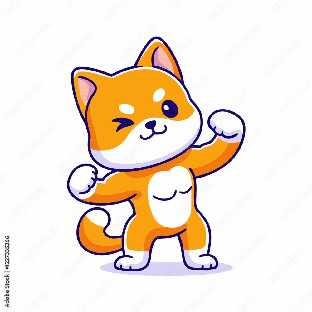 Muscular Shiba Inu Cartoon Mascot, Strong and Determined Dog Character with Confident Stance, Playful and Powerful Furry Athlete for Fitness, Sports, and Dog Lovers