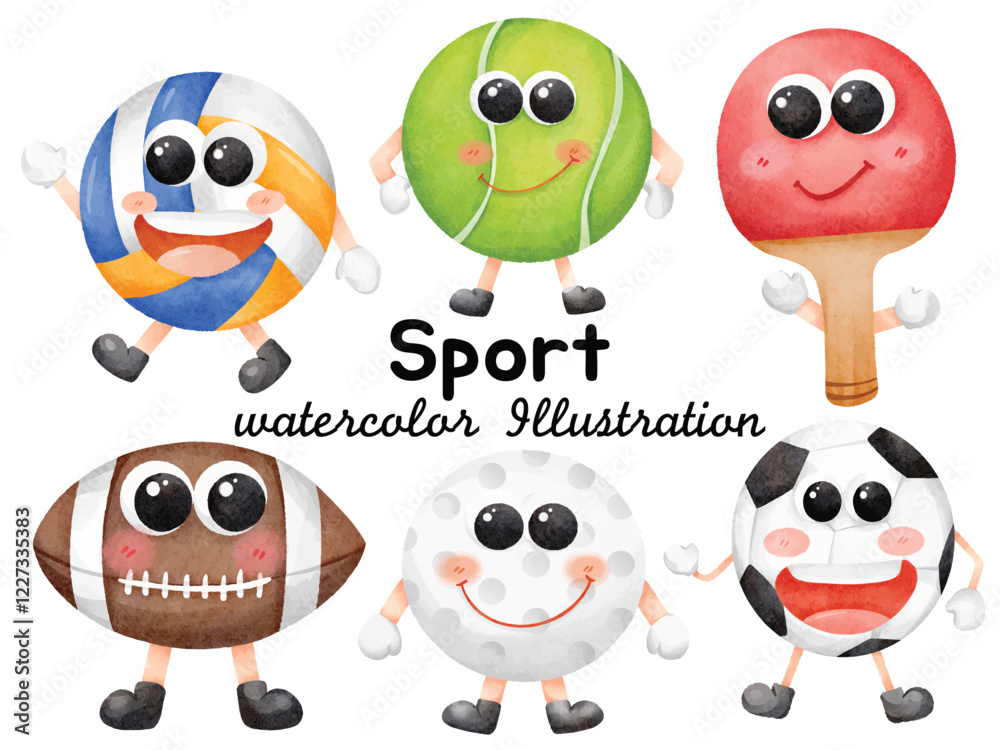 Obraz premium Cute Hand-Painted Watercolor Sport Characters: Volleyball, Tennis Ball, Ping Pong Paddle, Rugby, Golf Ball, and Soccer Ball