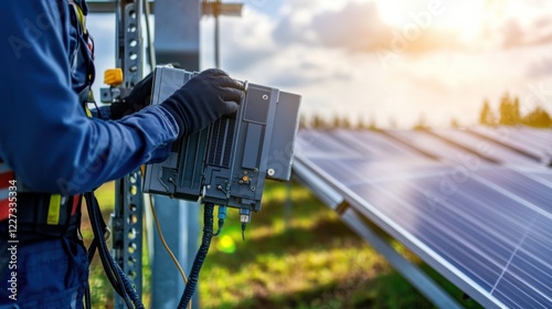 Wallpaper Mural A close-up of an electrical engineer testing renewable energy inverters in a solar farm, with photovoltaic panels and solar array infrastructure visible, Solar farm inverter testing scene Torontodigital.ca